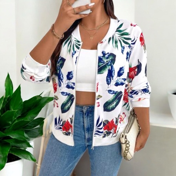 New Women's Tropical Plant Print Baseball Collar Jacket - Picture 7 of 16